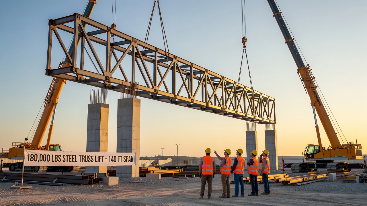 Construction crew securing the steel truss during the Durango Casino expansion lift